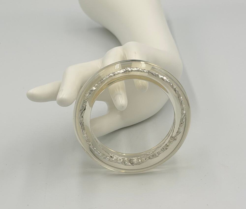 MCM Lucite / Acrylic Embedded Metallic Silver Foil Statement Bangle Bracelet
